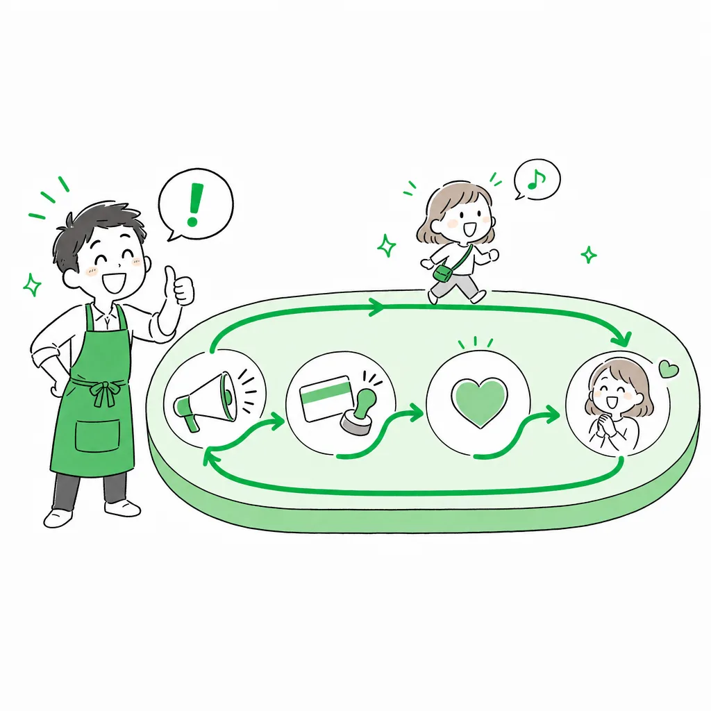 広告から会員証、配信、リピートまでを1つの基盤でひと続きにつなぐ様子