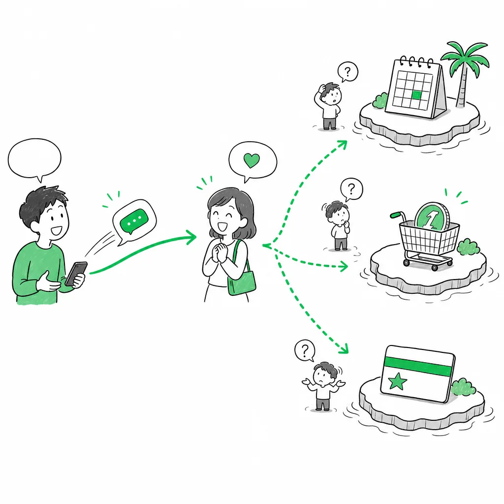 配信はできるのに、予約・決済・会員証がそれぞれ別の場所に分かれて止まっている様子
