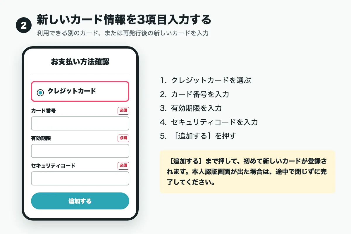 新しいカード情報の入力項目と追加するボタン